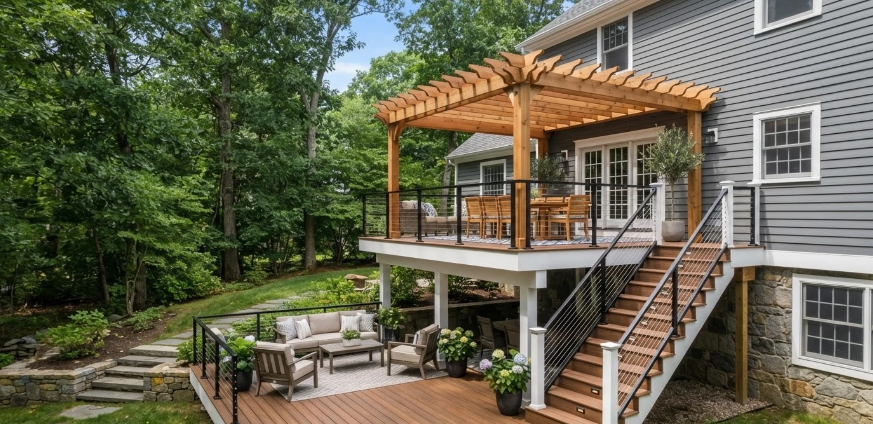Multi-level Trex deck with pergola Wellesley MA