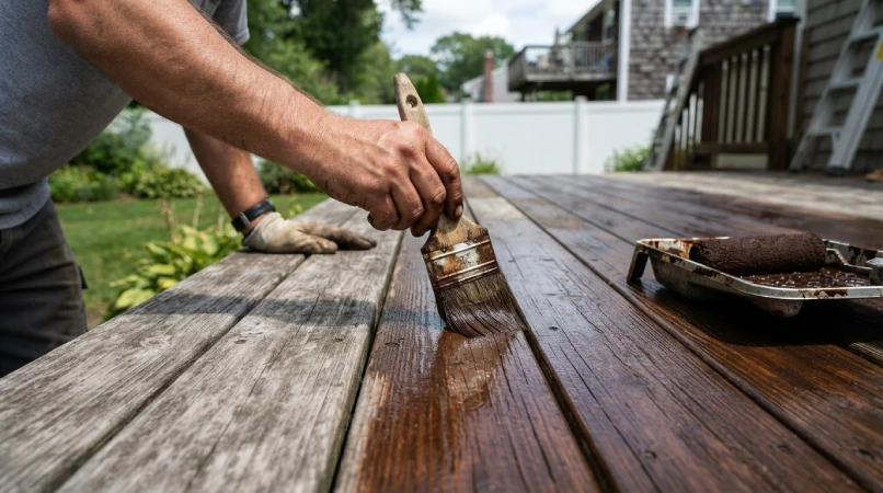 Close-up contractor applying brown deck stain Connecticut