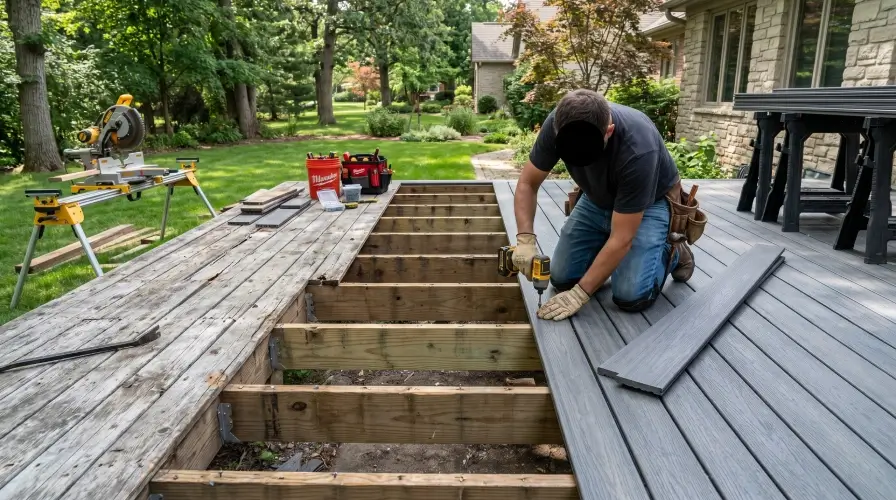 Contractor replacing damaged deck boards New England