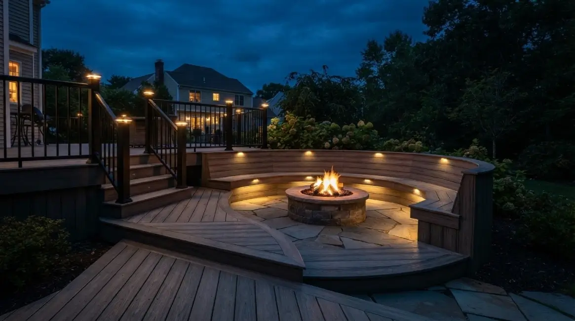Curved deck with built-in bench around fire pit at night with LED lighting