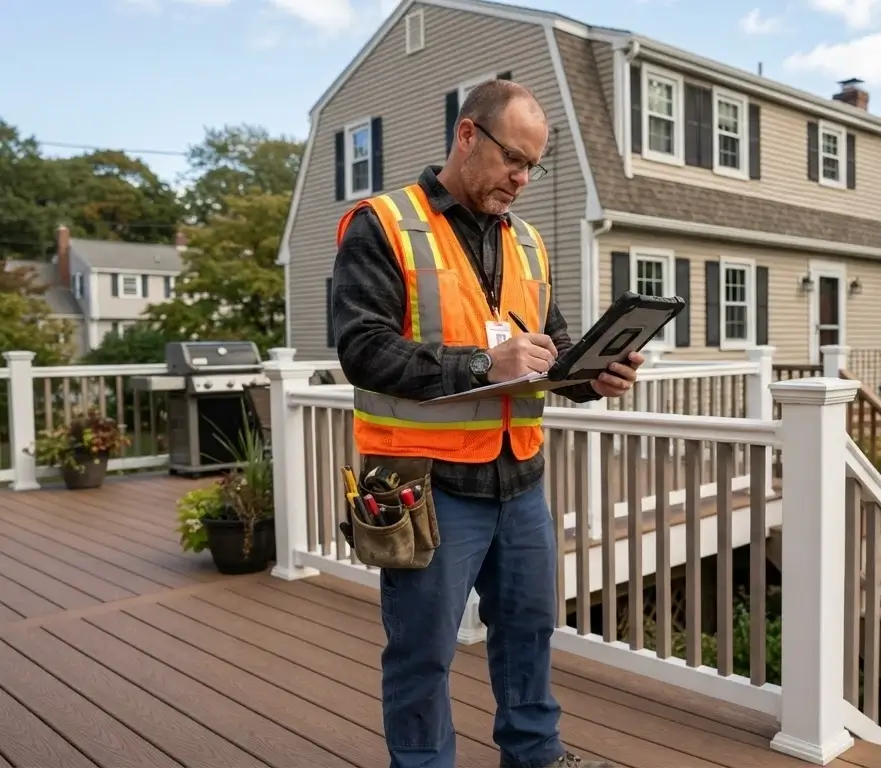 Deck inspector documenting safety inspection report New England