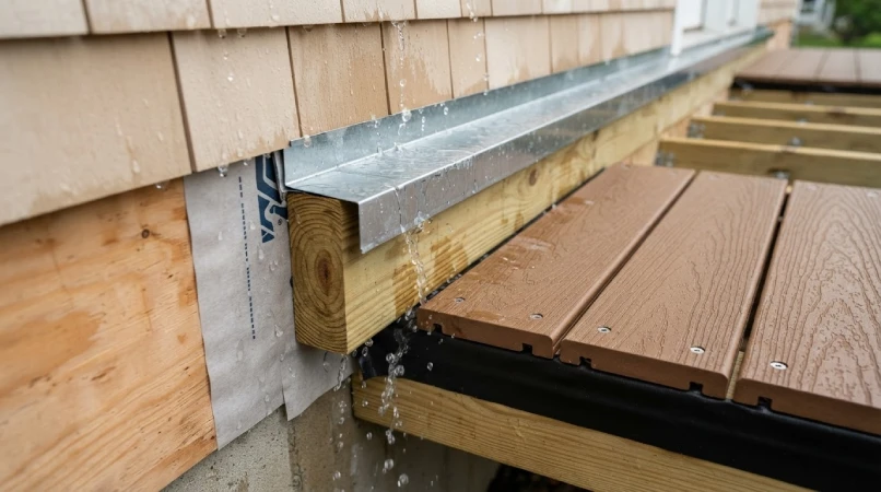 Deck ledger board flashing and waterproof membrane