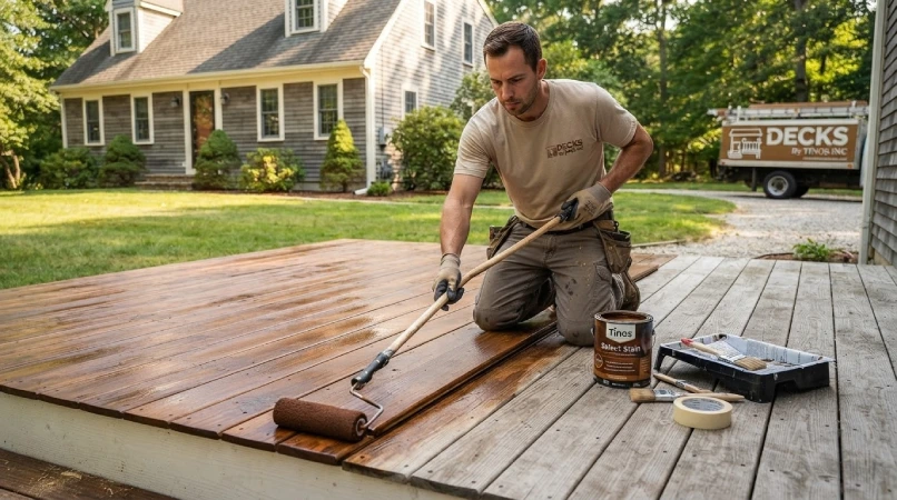 Deck staining work in progress Massachusetts half brown half gray
