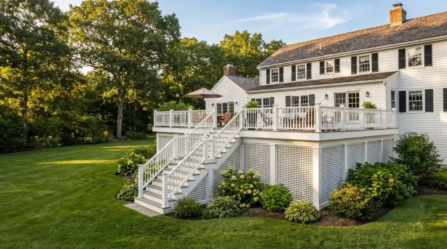 Elevated deck white lattice wide stairs colonial home