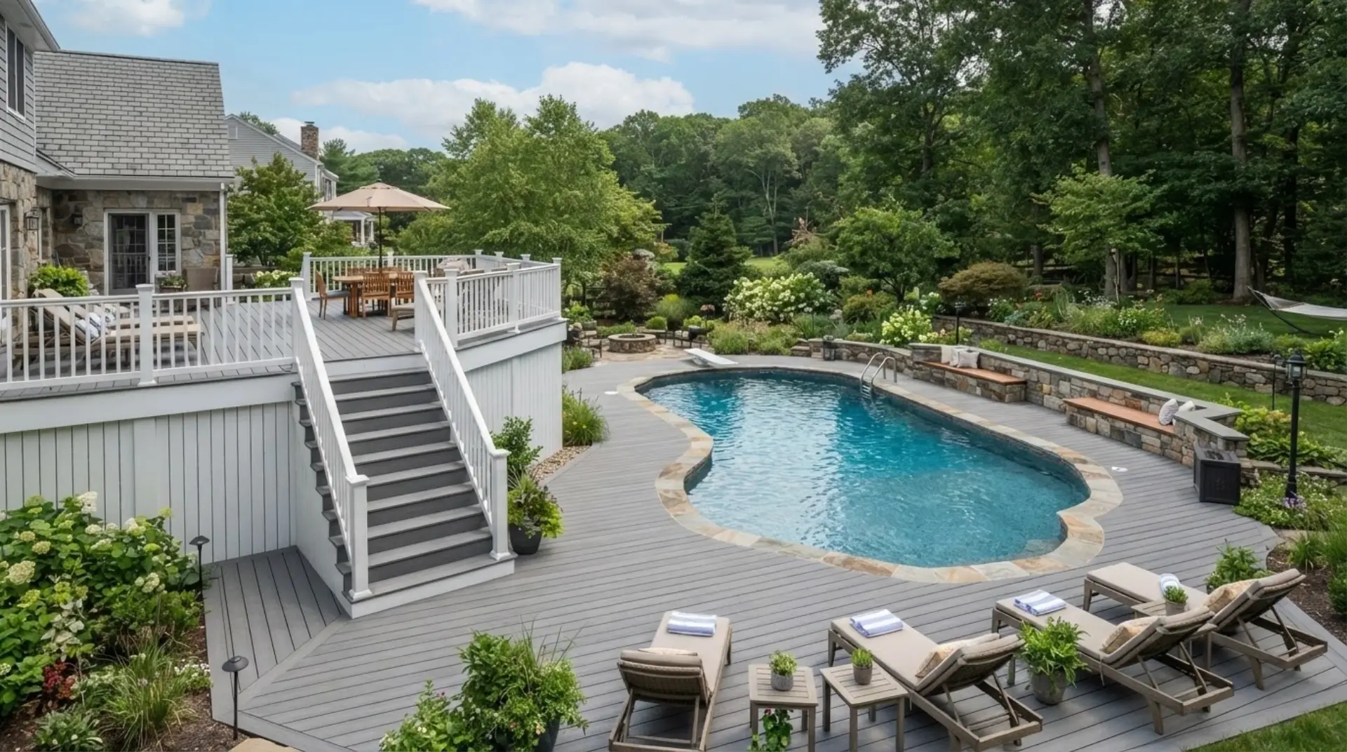 Elevated pool deck stairs landscaping in Connecticut