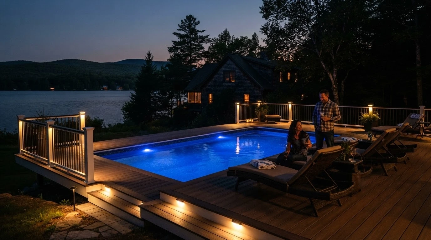 Evening pool deck LED lights New Hampshire lakefront