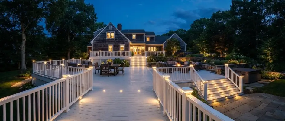 Expansive white deck with LED lighting system at dusk