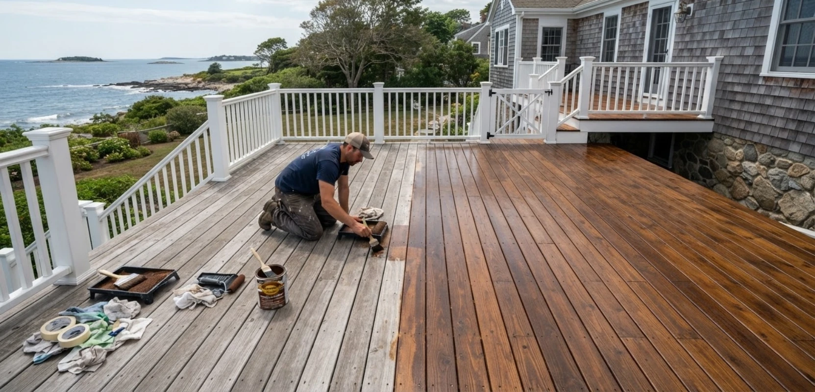 Full deck staining project in progress Rhode Island