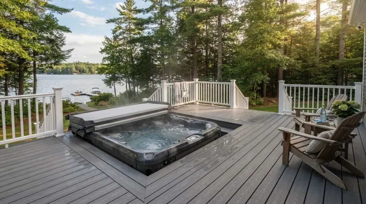 Gray composite deck hot tub lakefront New Hampshire
