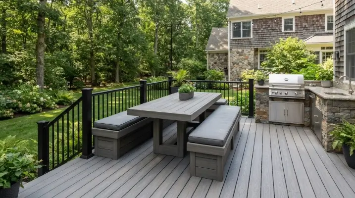 Gray deck with built-in dining table and bench seating with outdoor kitchen