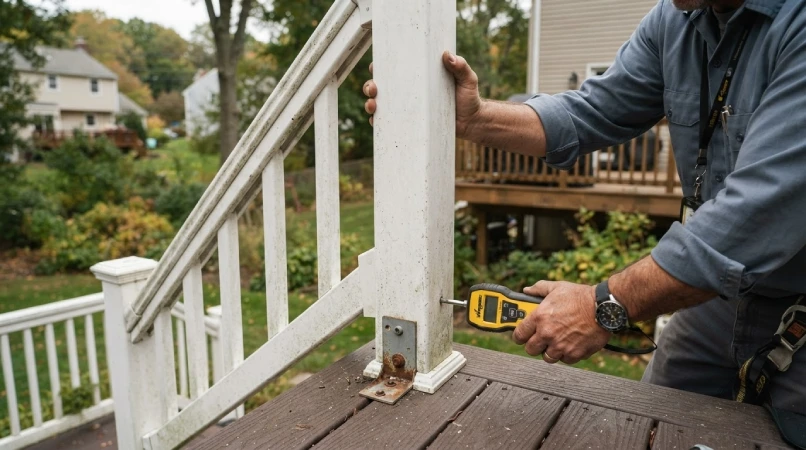 Inspector testing aged deck railing post stability New England
