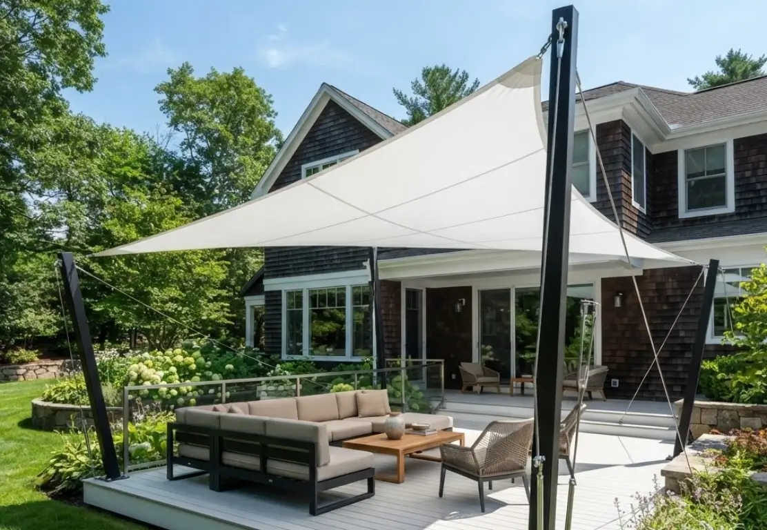 Modern white fabric shade sail canopy over deck in New England