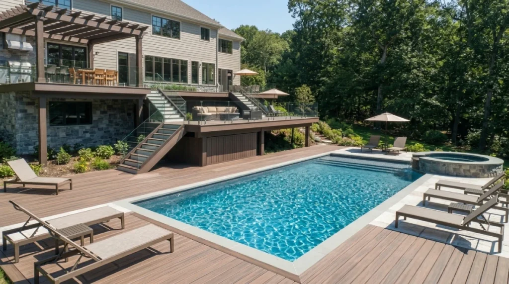 Multi-level deck building with pool & spa in Bedford NY