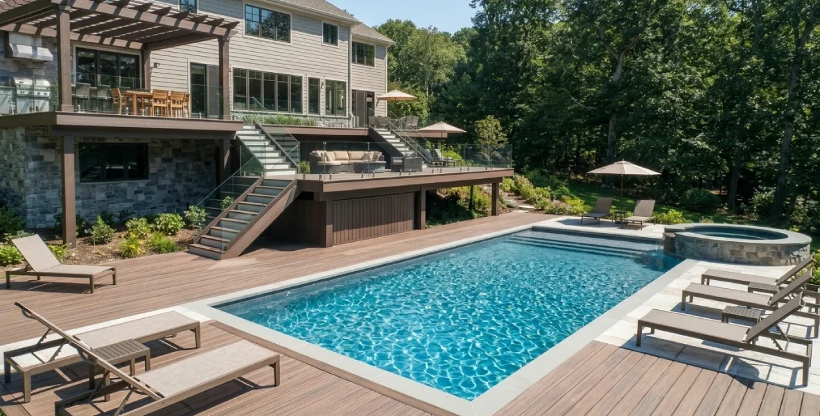 Multi-level deck building with pool & spa in Bedford NY
