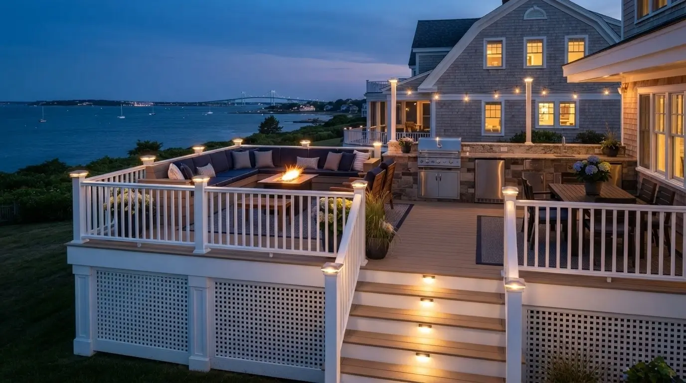 Multi-level deck fire pit outdoor kitchen coastal twilight New England