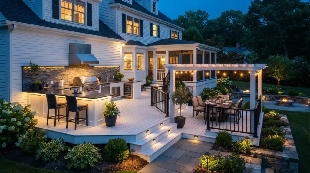 Multi-level deck outdoor kitchen pergola twilight LED lighting