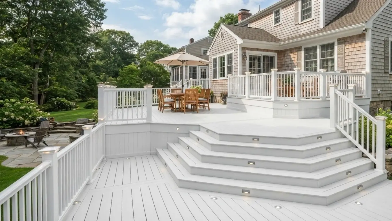 Multi-level white deck with LED step lights in daylight