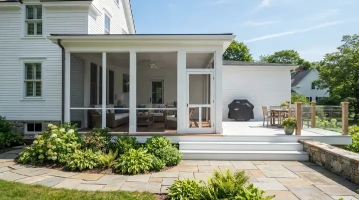New England screened porch with screen door opening to open deck and grill area