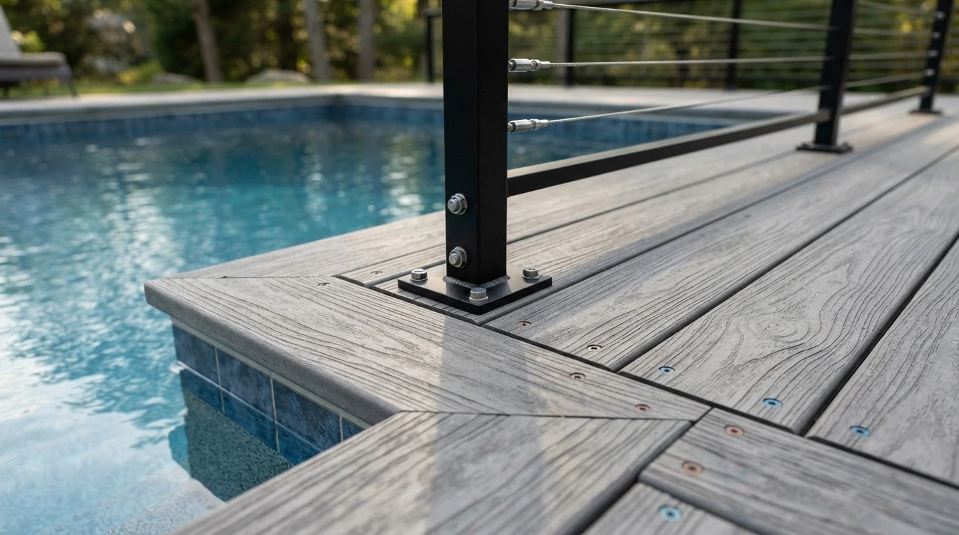 Pool deck cable railing detail New England