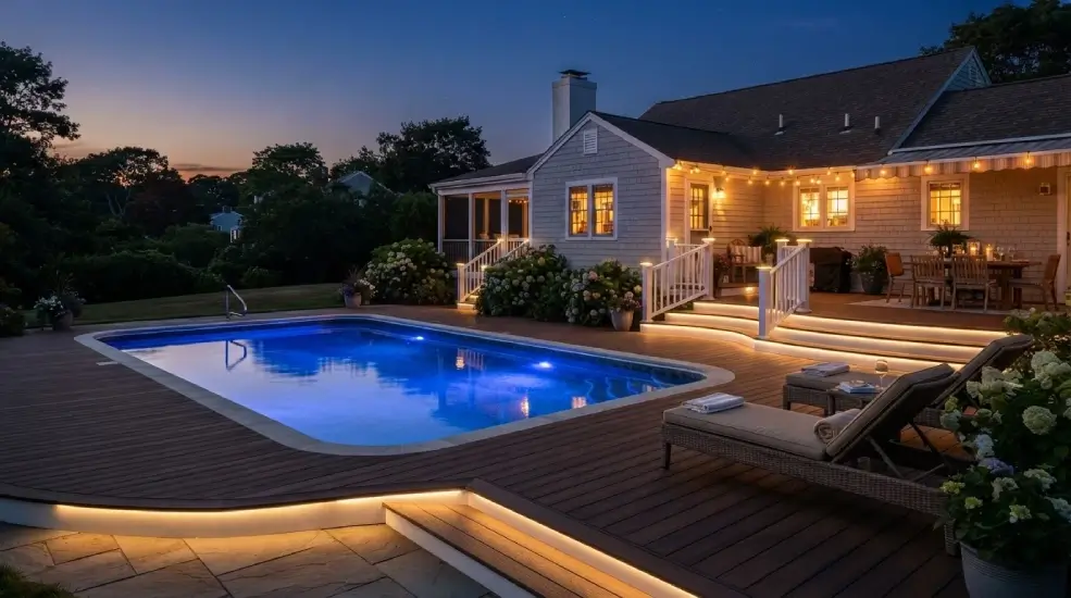 Pool deck evening LED lighting Cape Cod