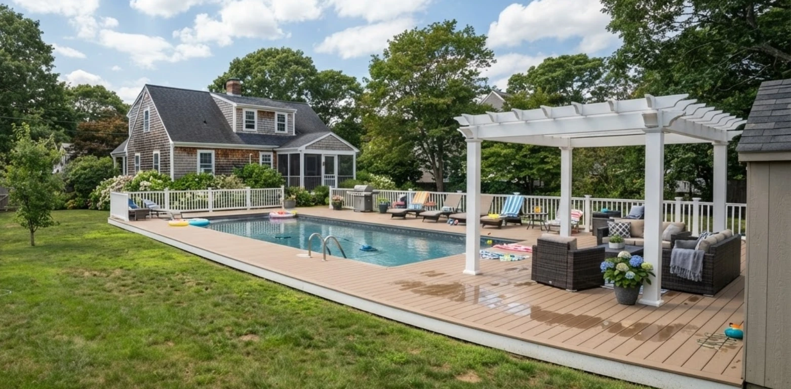 Pool deck pergola Cape Cod backyard