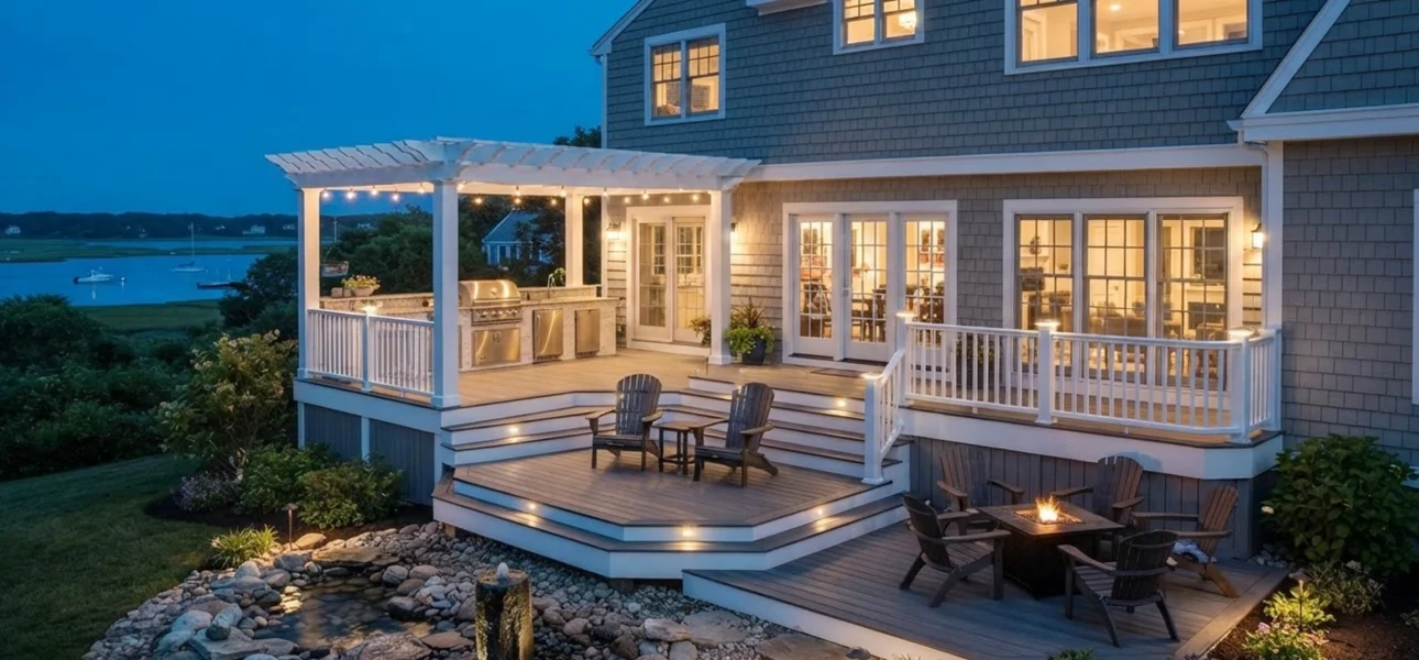 Three-level deck with white railings and LED post lights
