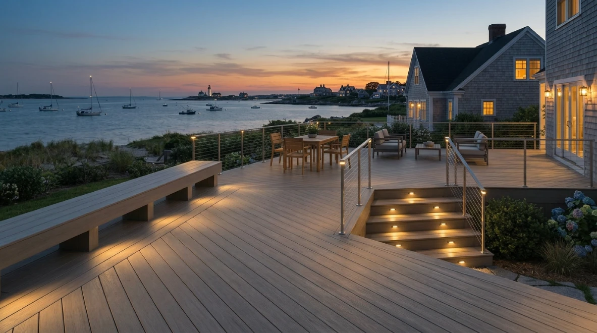 Trex deck with LED lighting at dusk, Narragansett Bay RI