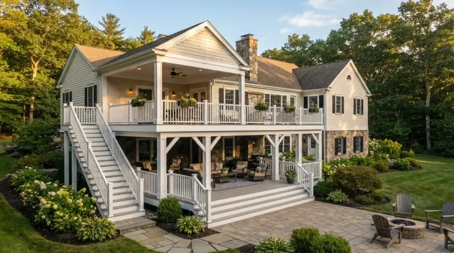 Two-story elevated deck covered roof white composite stairs