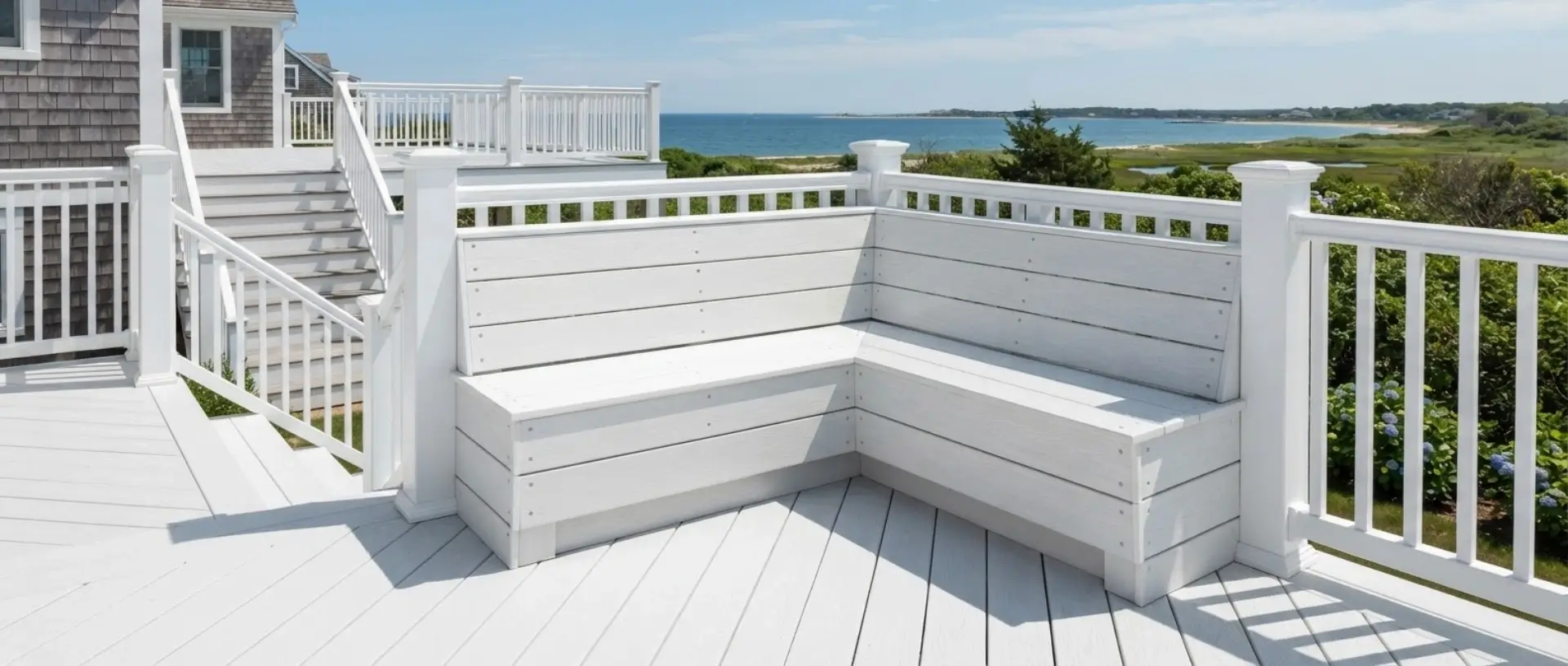 White built-in deck bench seating