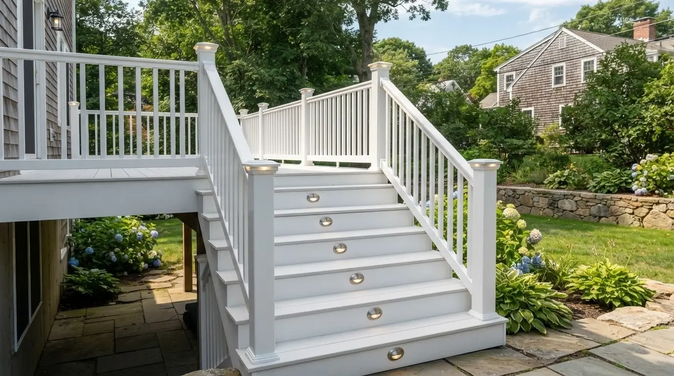 White deck stairs with LED step lights in daylight