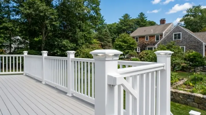 White deck with LED post cap lights in daylight