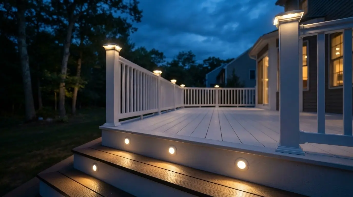 White deck with LED step lights illuminated at night