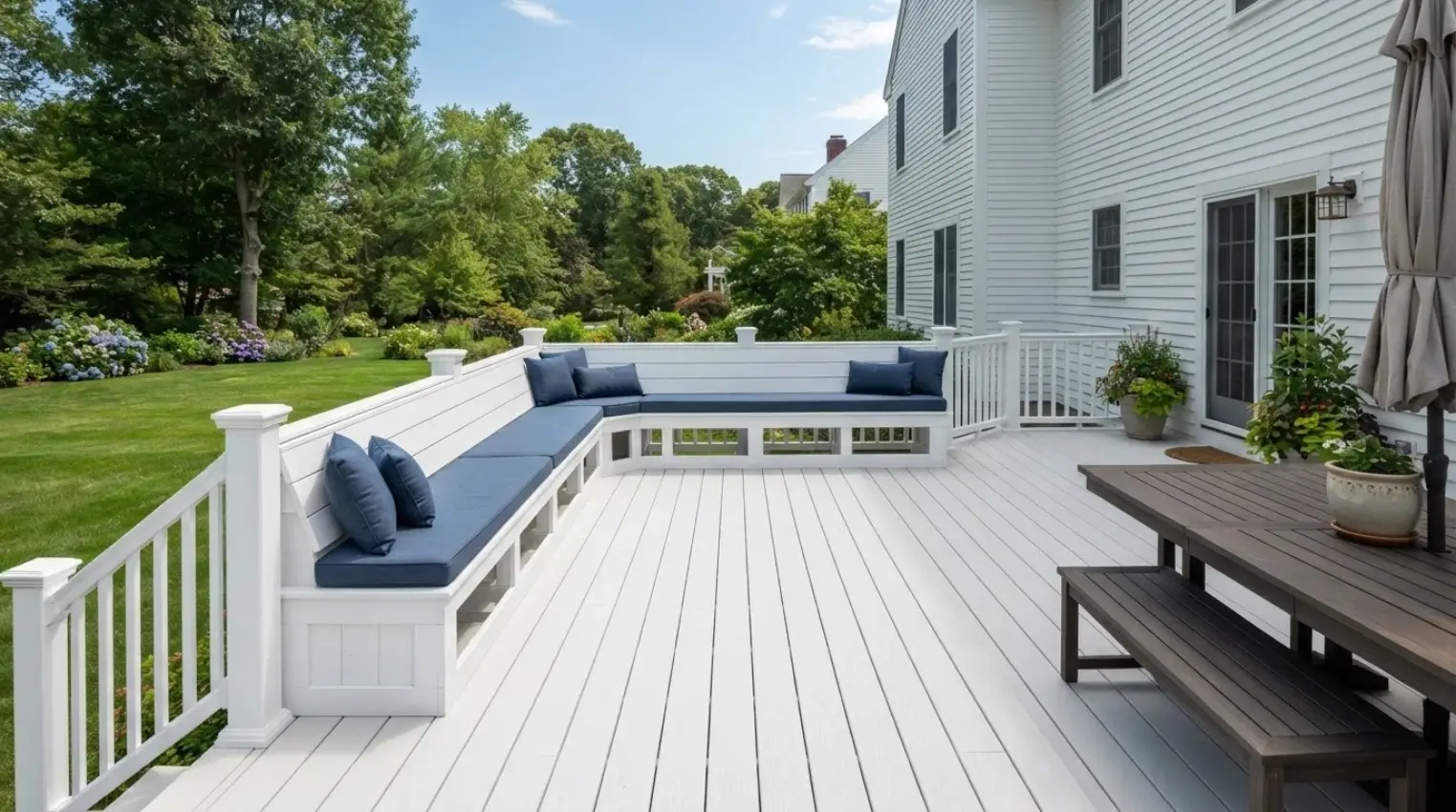 White deck with built-in bench seating and traditional railings