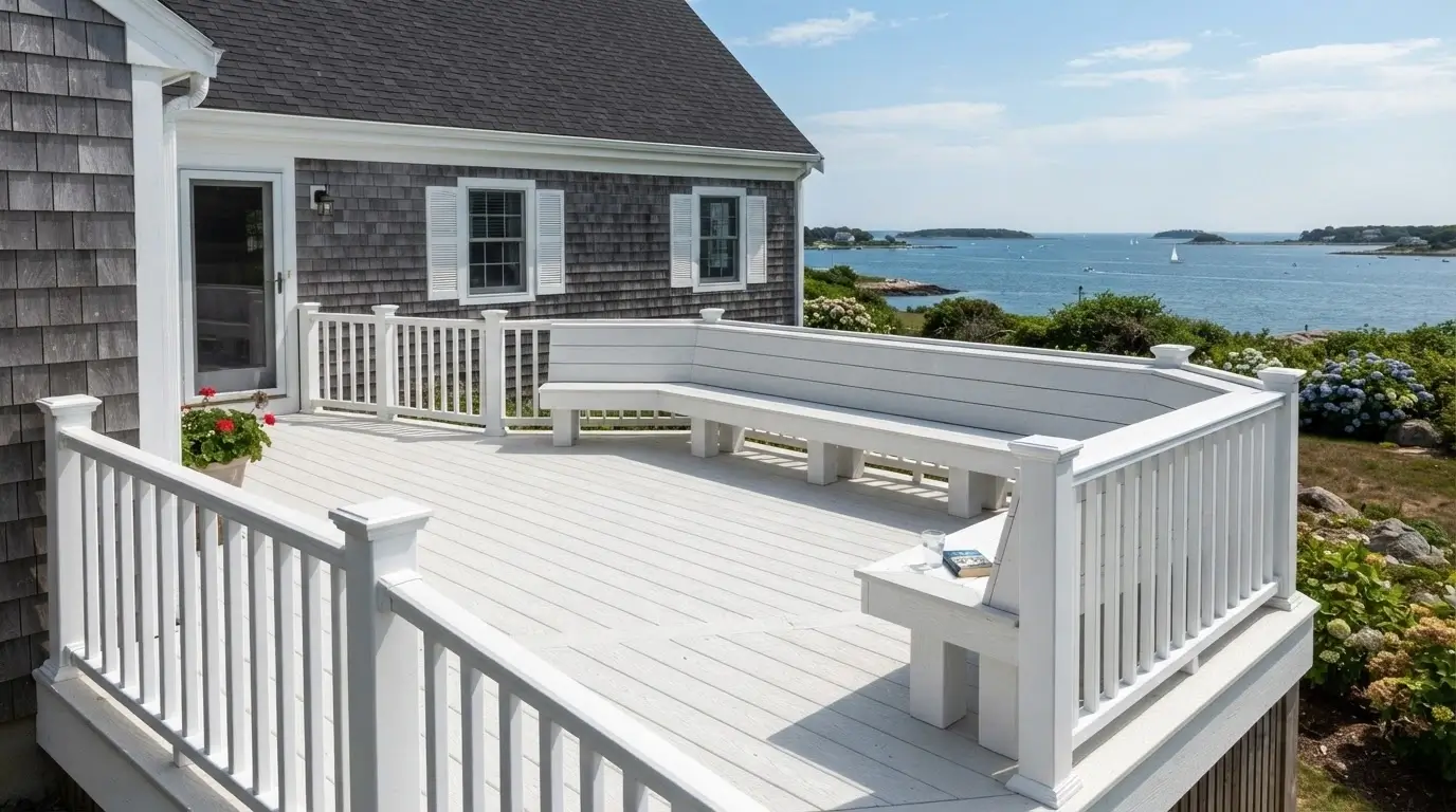 White deck with built-in bench seating overlooking ocean coastal view