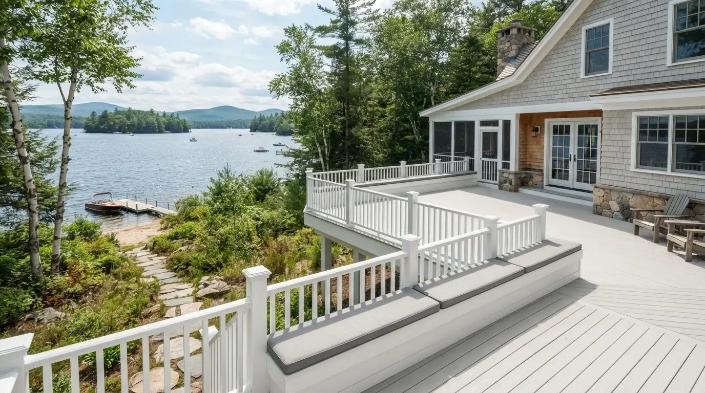 White deck with built-in benches overlooking New Hampshire lake
