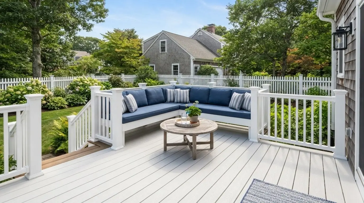 White deck with built-in corner bench and navy blue cushions