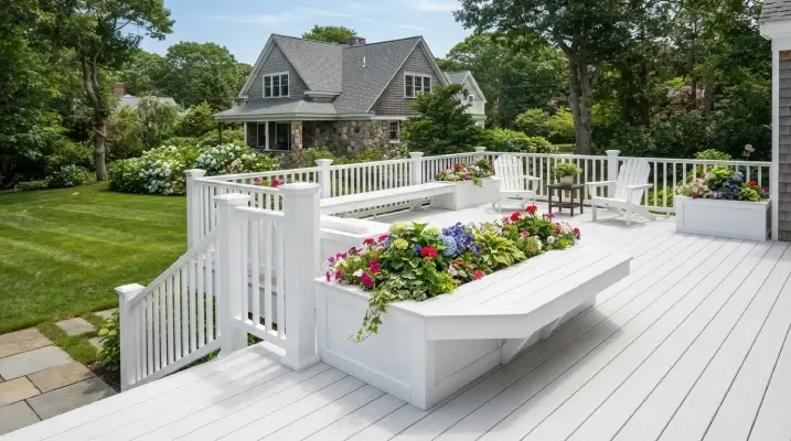 White deck with built-in planter boxes and bench seating