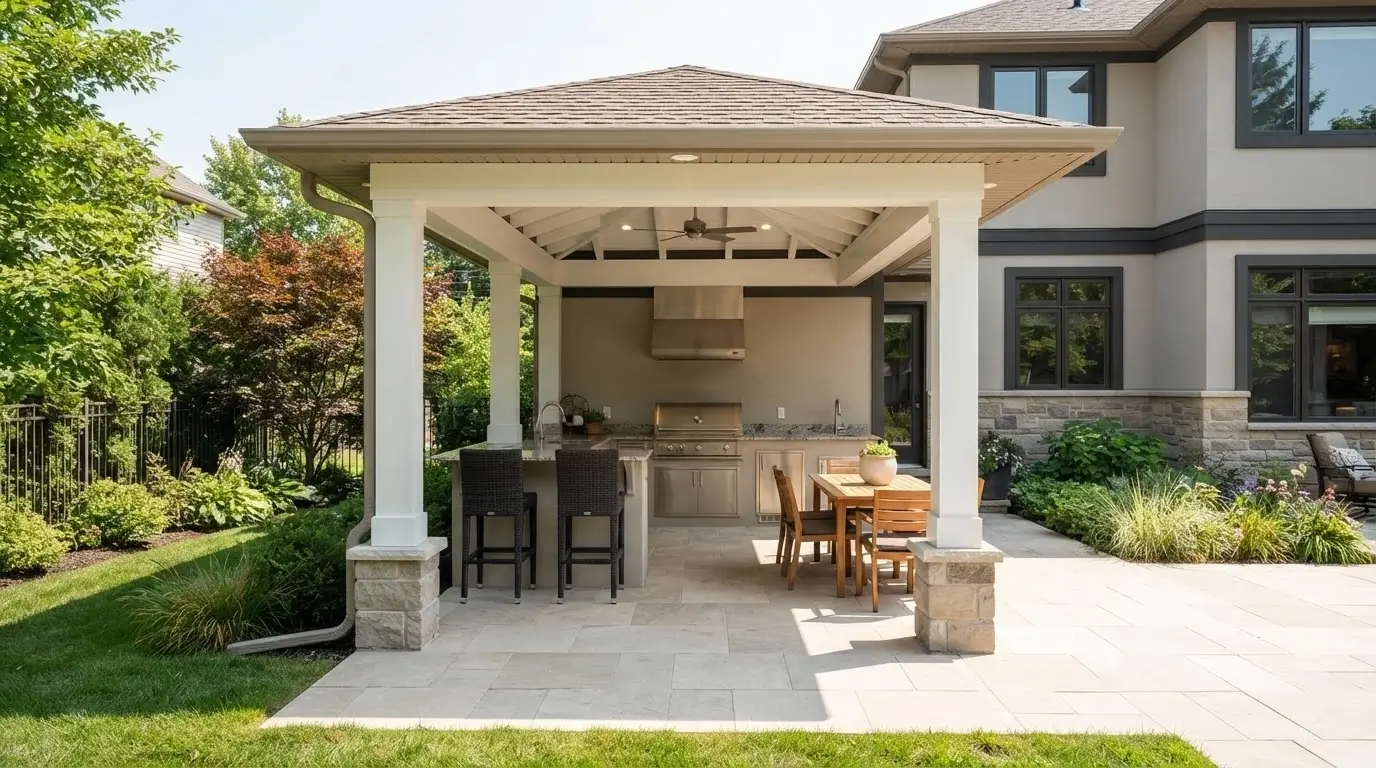 covered patio with modern outdoor kitchen