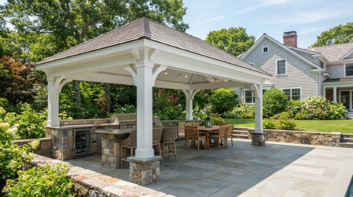 pavilion shade structure with solid roof in New England