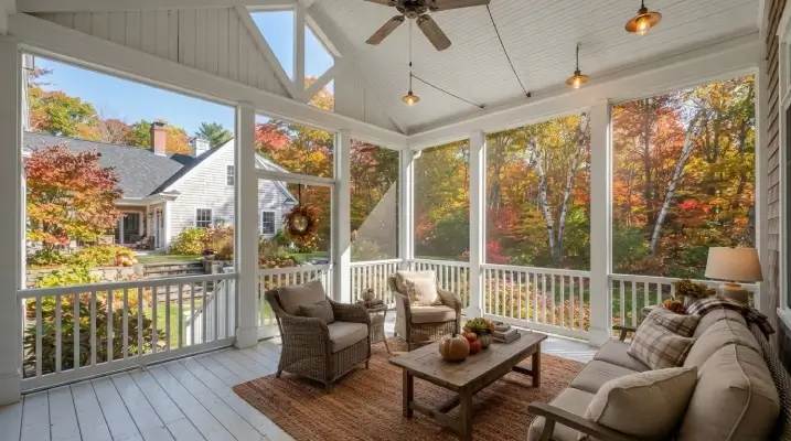 screened porch with ceiling fan and layered lighting