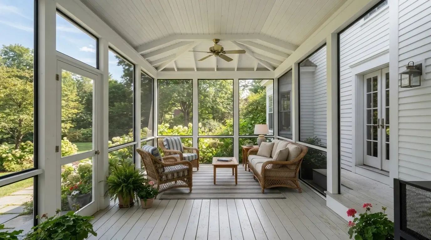 screened porch with tongue-and-groove ceiling on New England colonial home