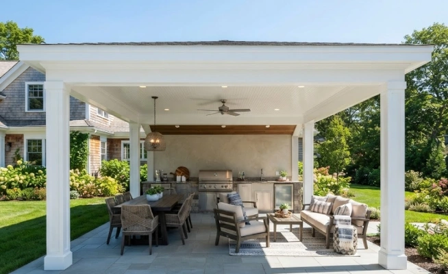 solid-roof pavilion shade structure with outdoor kitchen