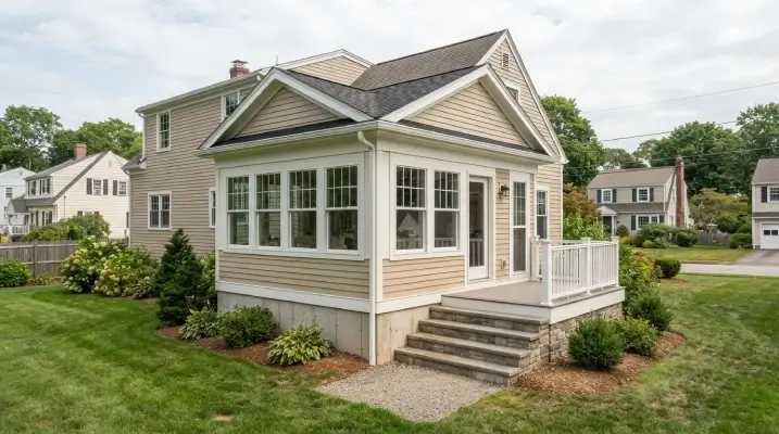 sunroom addition on New England home with vinyl siding