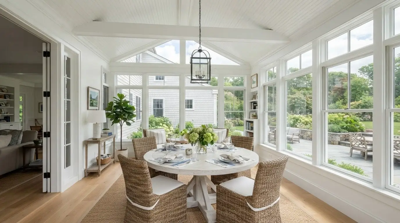 sunroom dining area with large windows and backyard views in New England