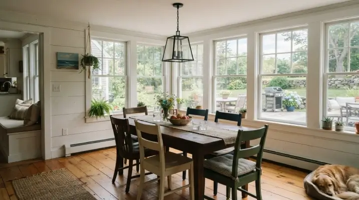 sunroom dining space with dark wood table and mixed cushion colors