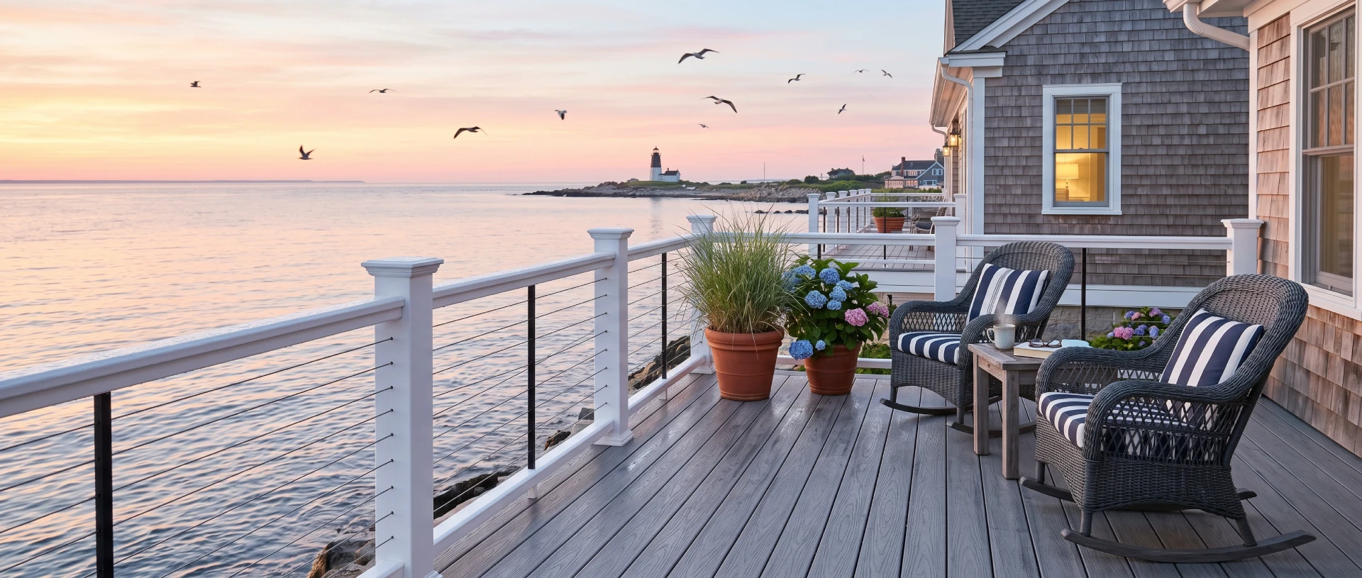 waterfront deck with white railings