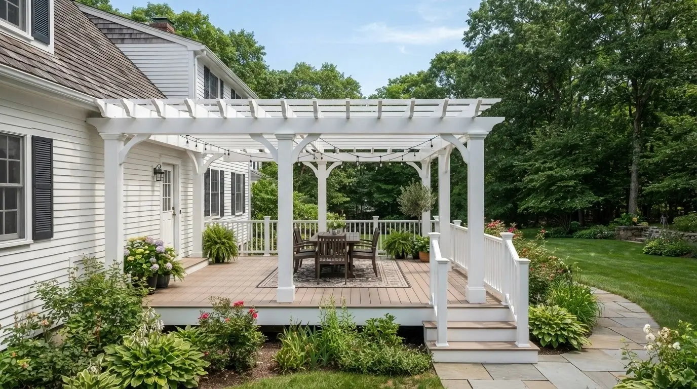 white pergola structure construction New England deck
