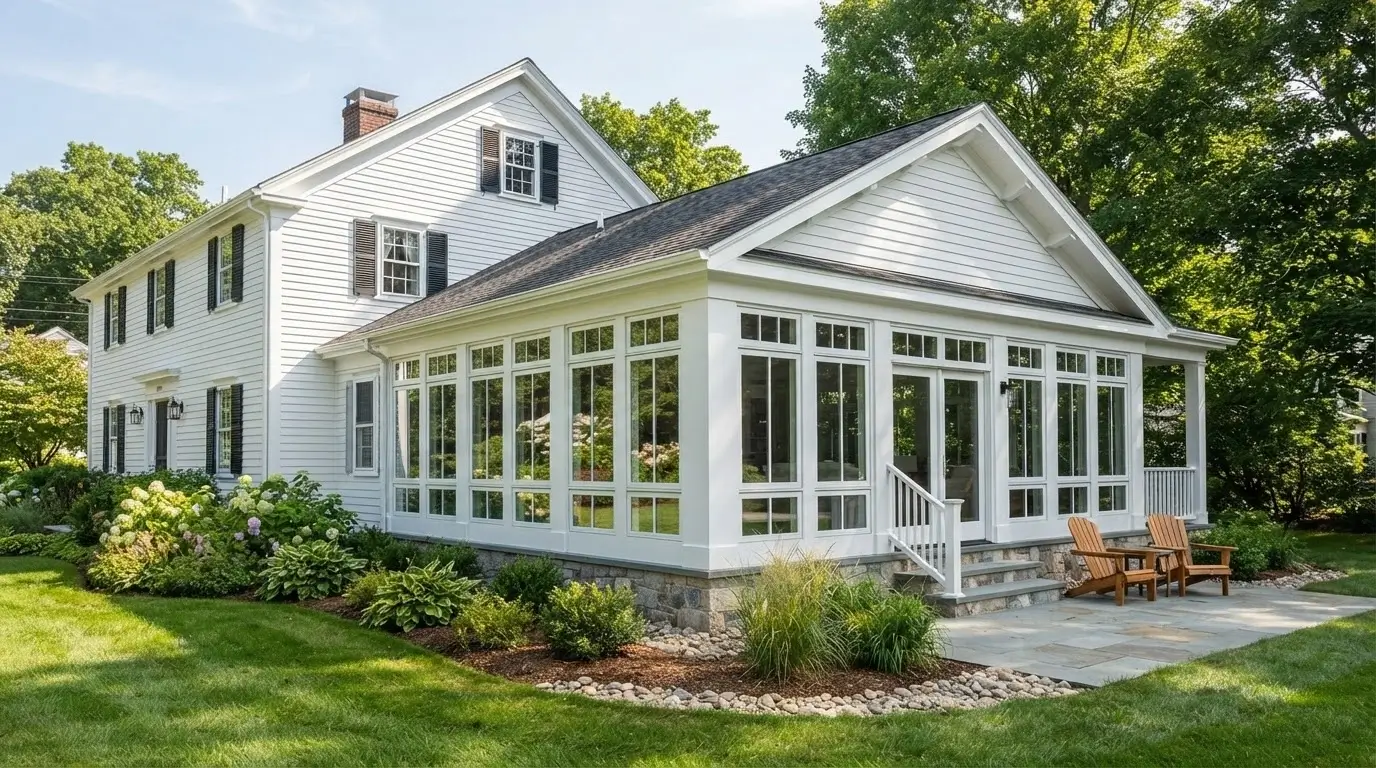 white sunroom addition attached to New England colonial home