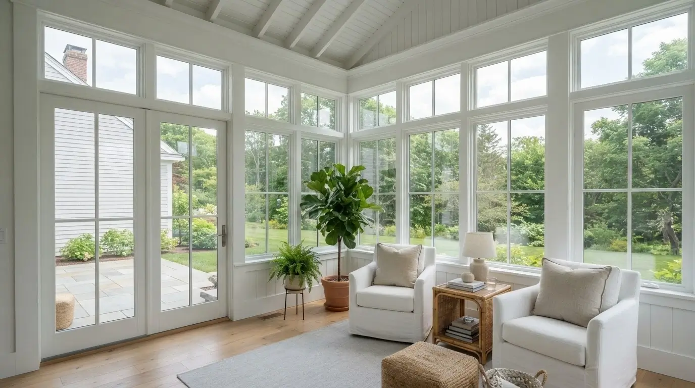 white sunroom with two walls of windows and comfortable seating