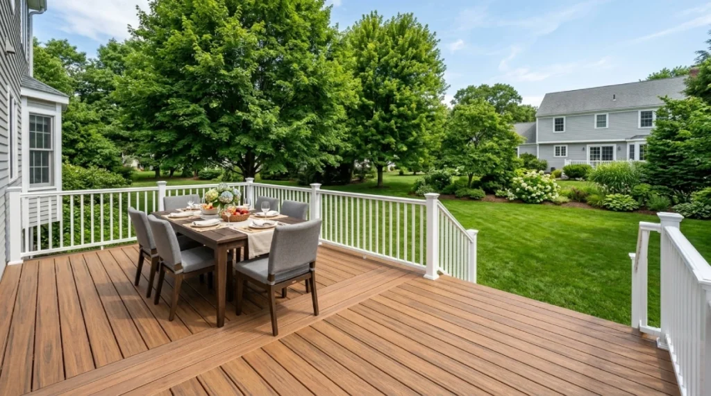 Brown cedar tone composite decking backyard Massachusetts